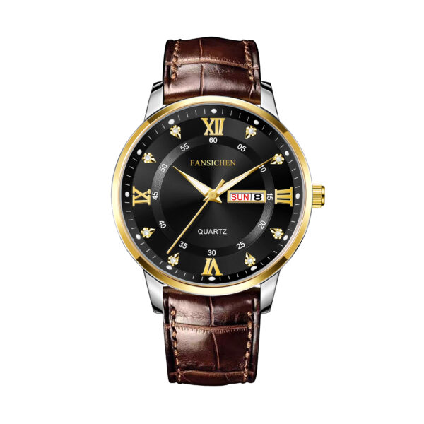 Leather Strap Gold Black Face men watch