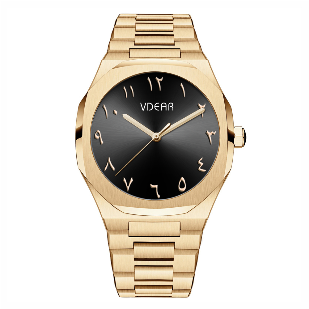 Iss Customized Arabic Literal Quartz Watches Gold Case Luxury Black Classic Dial Watch - Image 8