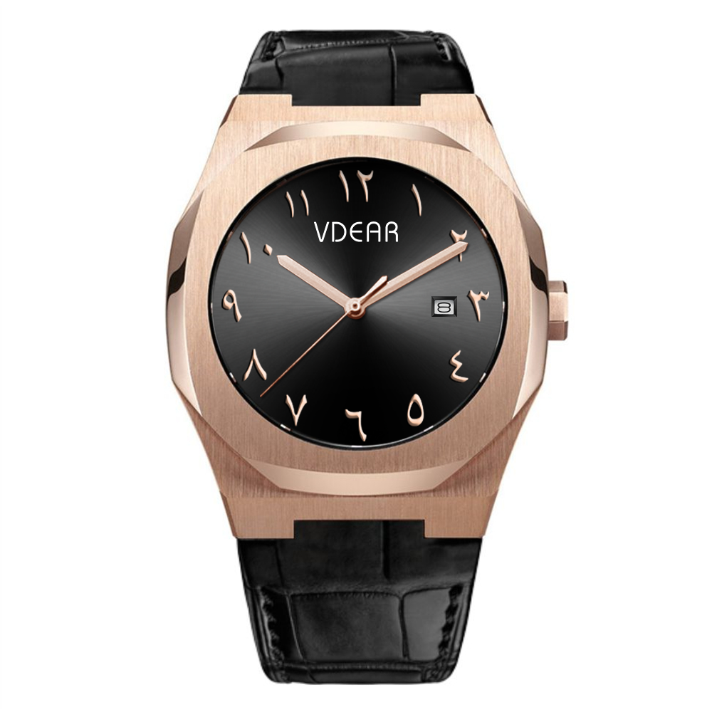 Iss Customized Arabic Literal Quartz Watches Gold Case Luxury Black Classic Dial Watch - Image 9