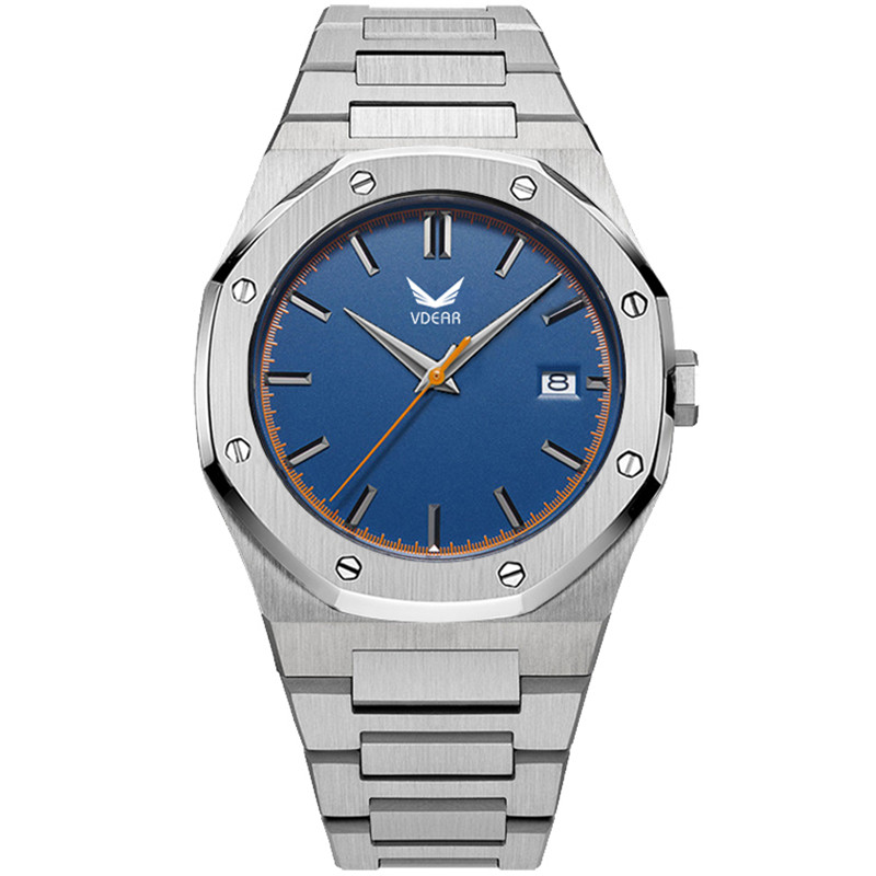 Iss Blue Dial With Calendar Luxury Watch Silver Steel Band High-Quality Men'S Watch